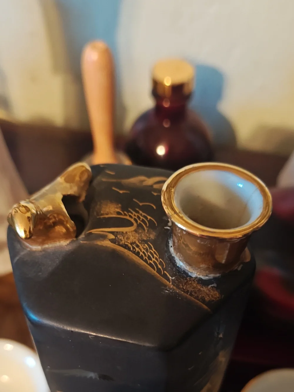 Vintage Black & Gold Asian Ceramic Sake Set - 5 Pieces